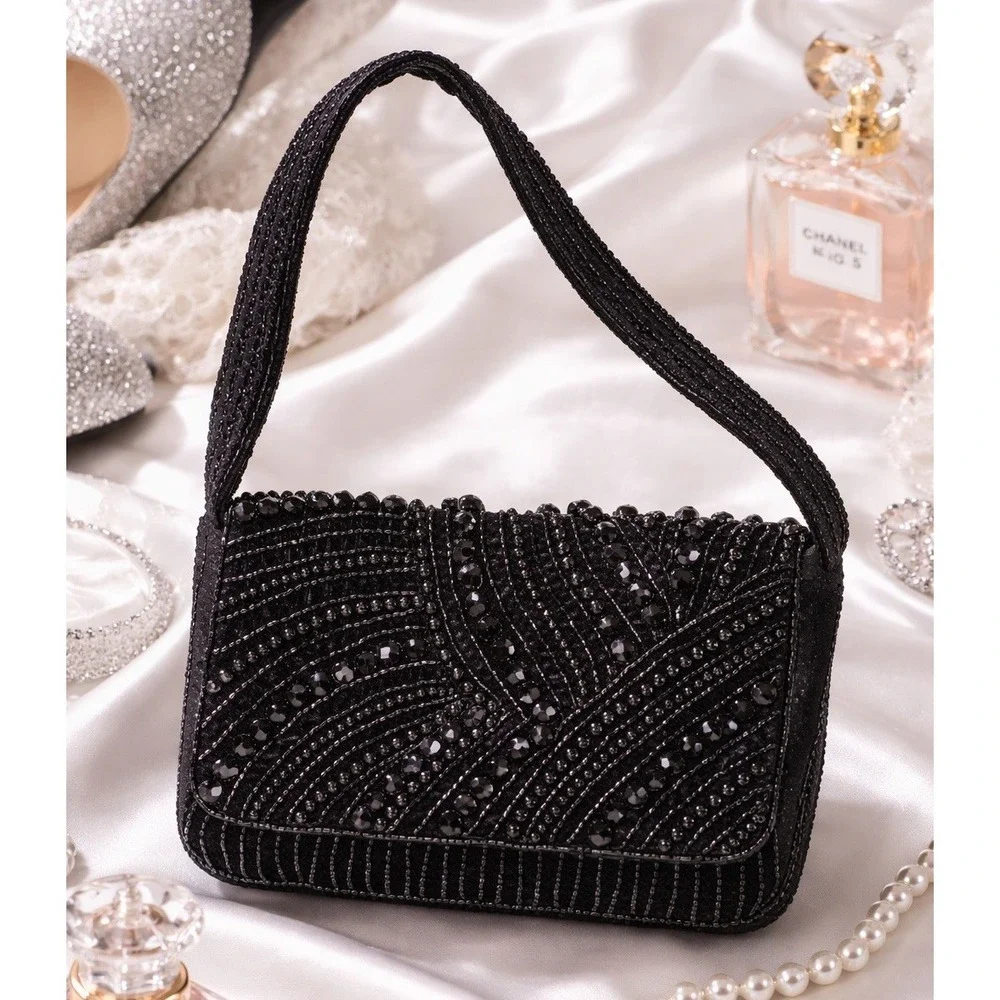 A New Day Black Beaded Rhinestone Flap Shoulder Bag Evening Clutch 94687144 NWT
